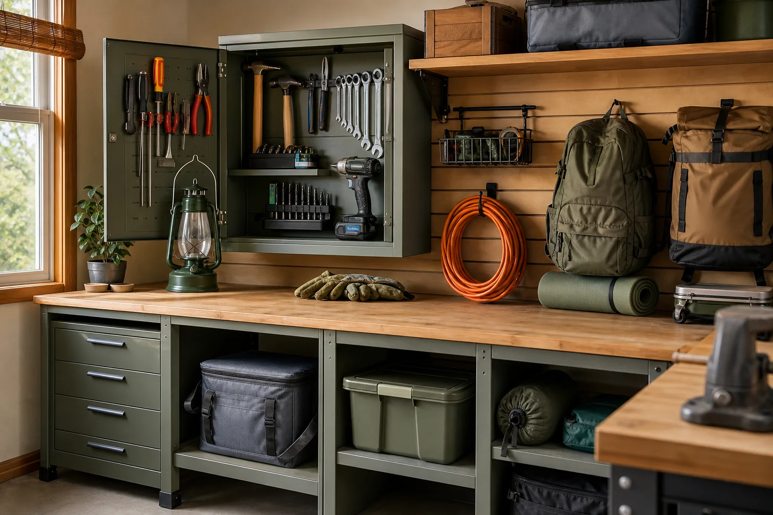 Garage shelves with equipment.