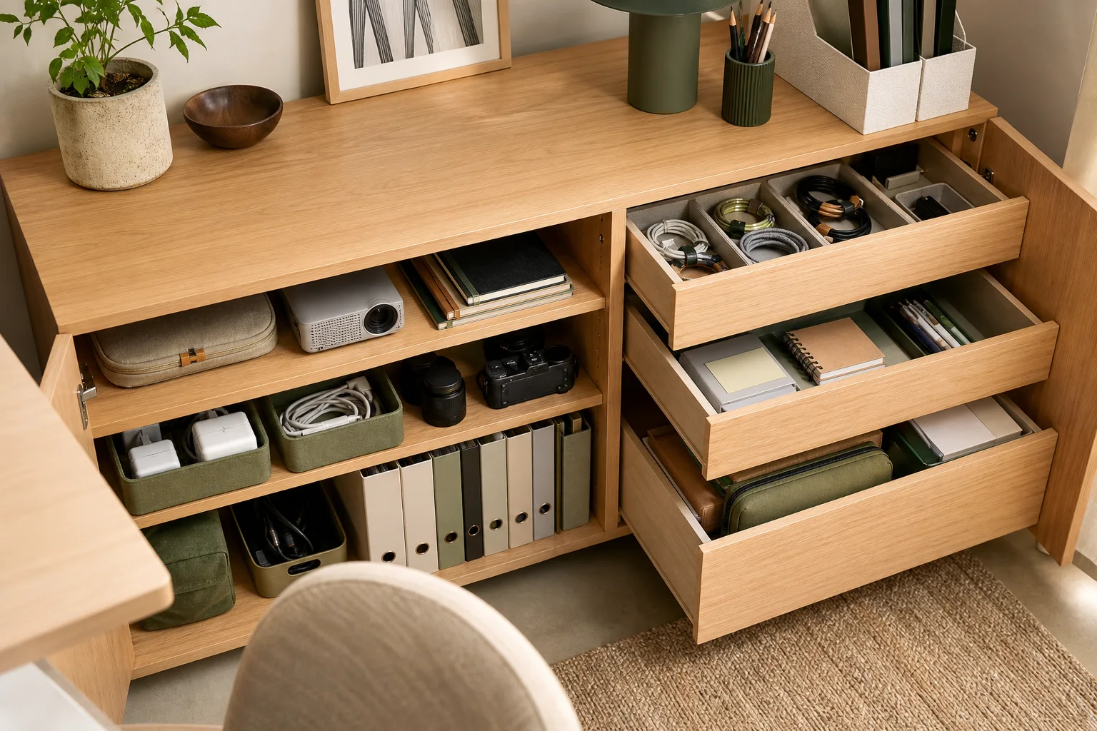 Office items arranged inside a cabinet.