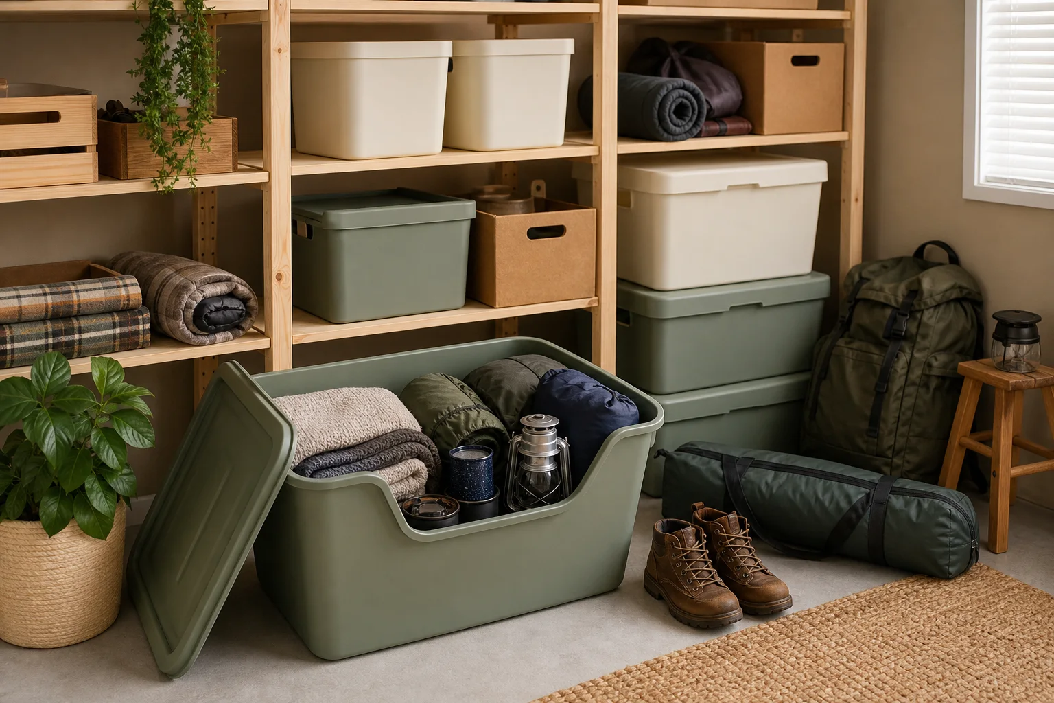 A storage unit with organized shelves.